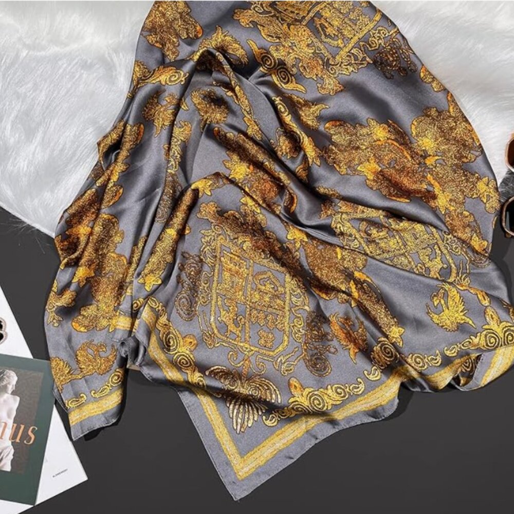 Beautiful & Soft Silk Feeling Gold Floral Scarf Wrap